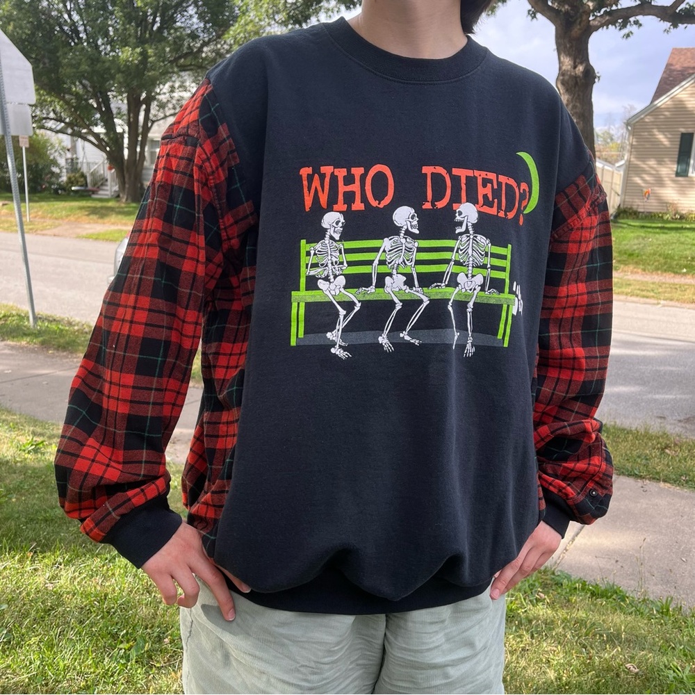 Handmade, Upcycled sweatshirt, flannel size, large, skeletons, Halloween fall